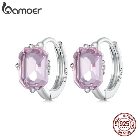 Bamoer 925 Sterling Silver Pink Square Gemstone Ear Buckles Sweet Hoop Earrings for Women Girls Original Design Fine Jewelry