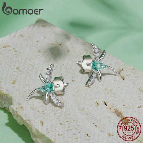 BAMOER Hypoallergenic Platinum Plated Dragonfly Stud Earrings 925 Sterling Silver Dainty Insect Earrings for Women