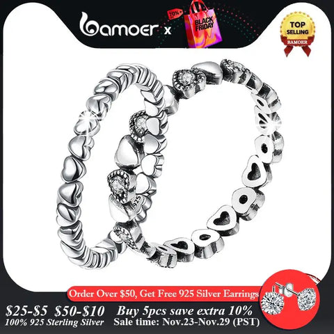 BAMOER Genuine 925 Sterling Silver Stackable Ring Heart Black CZ Finger Rings for Women Wedding Anniversary Jewelry Anel SCR140