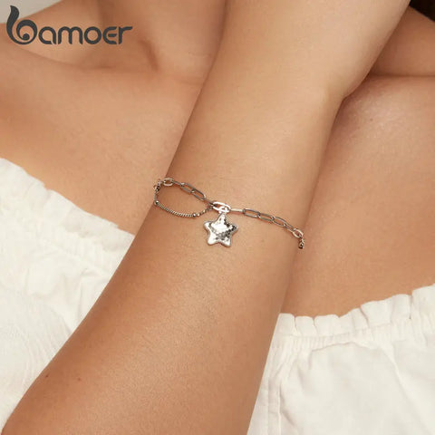 Bamoer 925 Sterling Silver Sparkling Star Bracelet Splice Chain Link for Women Daughter Birthday Day Jewelry Gift Fine Jewelry
