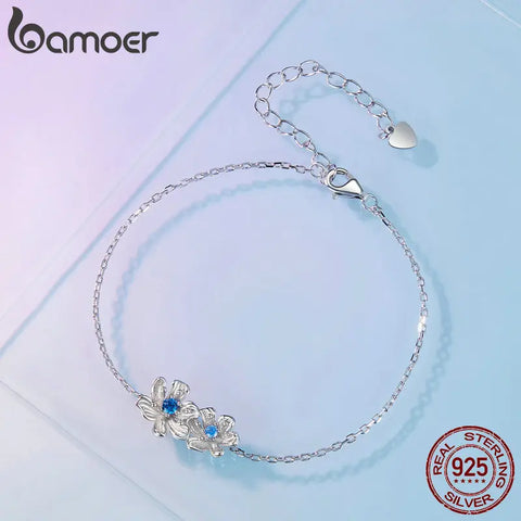Bamoer 925 Sterling Silver Delicate Flower Bracelet Blue Zircon Adjustable Chain Link for Women Fine Jewelry Gift BSB138