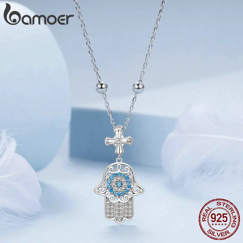 BAMOER 925 Sterling Silver Exquisite Fatima's Hand Necklace Guarding Hand Neck Chain Pave Setting CZ for Women Birthday Gift
