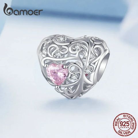 Bamoer 925 Sterling Silver Pink Zircon Love Bead Vine Hollow-out Heart Charm for Women Bracelet and Bangle DIY Jewelry BSC777