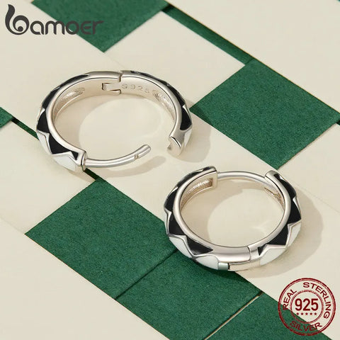 BAMOER Platinum Plated Hoop Earrings Checkerboard Bands 925 Sterling Silver Trendy Cute Hypoallergenic Tarnish Earrings
