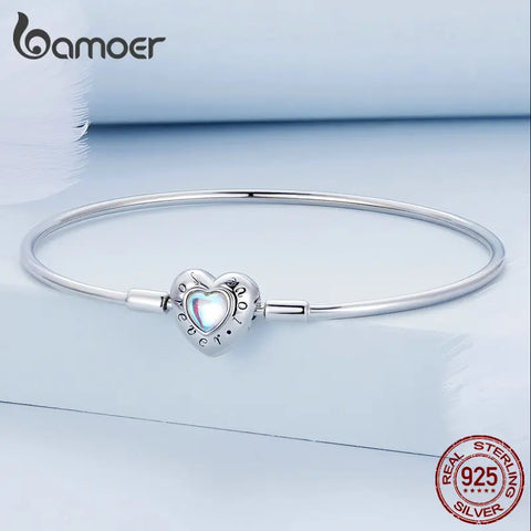 Bamoer 100% 925 Sterling Silver Forever Love Bright Heart Charms Bracelet for Women Cat Clasp Snake Chain Bangle Fine Jewelry