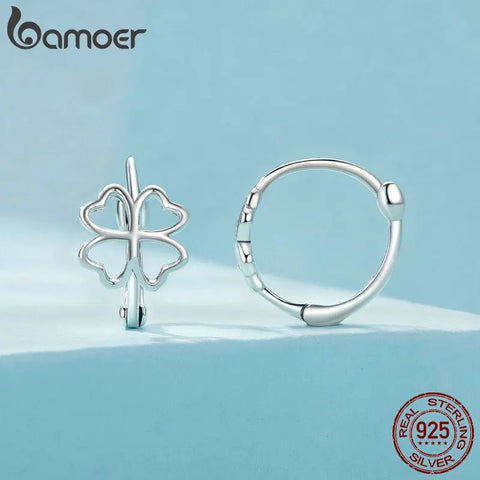 BAMOER 925 Sterling Silver Hollow-out Lucky Four-leaf Clover Ear Buckles for Women Birthday Gift Fine Jewelry SCE1690