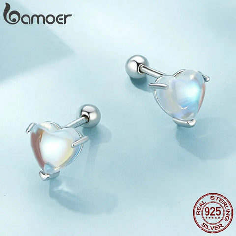 Bamoer 925 Sterling Silver Heart Shape Moonstone Stud Earrings Crystal Love Earrings Platinum Plated for Women Girls SCE1629