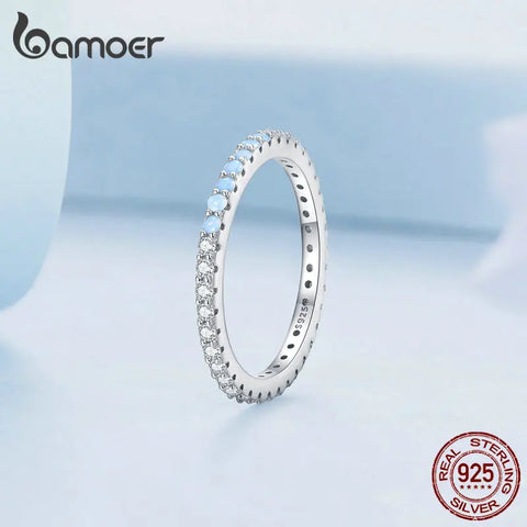 Bamoer 925 Sterling Silver Blue Simple Finger Ring Stackable Eternity Bands for Women Gift Platinum Plated Fine Jewelry BSR335