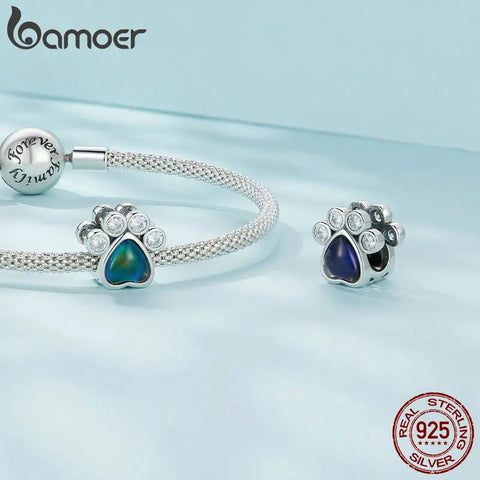 Bamoer 925 Sterling Silver Emotion Stone Beads Cute Pet Paw Charms for Women Girls Bracelet & Bangle DIY Fine Jewelry
