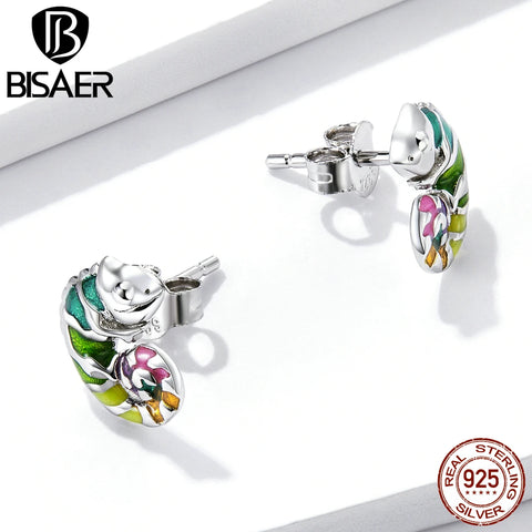 BISAER 925 Sterling Silver Chameleon Set Enamel process Earrings Open Ring Plated Platinum For Women Party Fine Jewelry Gift