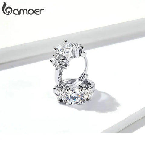 BAMOER 925 Sterling Silver Clear Cubic Zircon Hoop Earrings Luxury Crystal Ear Buckles for Women Wedding Fine Jewelry SCE485