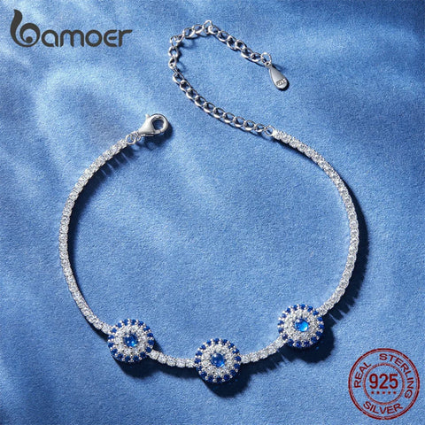 Bamoer 925 Sterling Silver Round Devil's Eye Tennis Bracelet Lucky Fatima's Guarding Hand Chain Bracelet for Women Fine Jewelry