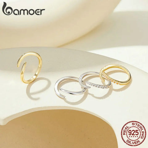 Bamoer 925 Sterling Silver Simple Geometric Line Adjustable Ring Snake Tail Opening Ring Platinum Plated Fine Jewelry for Women