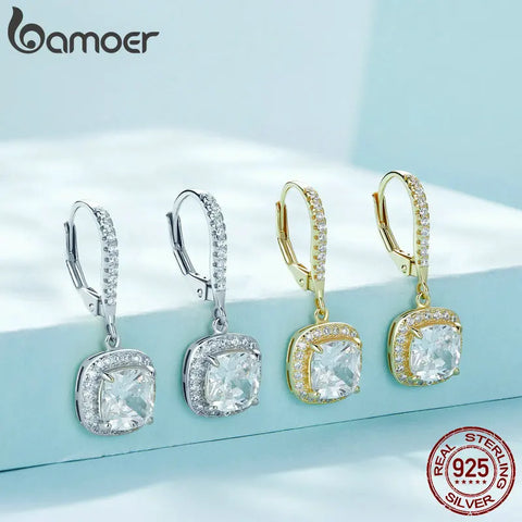 BAMOER Authentic 925 Sterling Silver Dazzling CZ Square Geometric Drop Earrings for Women 14K Gold Plated Wedding Jewelry SCE520