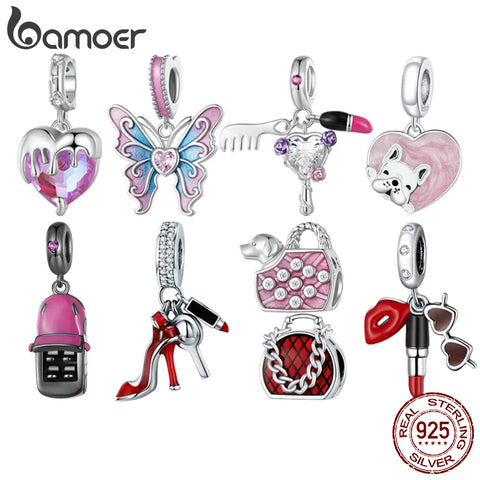 Bamoer 925 Sterling Silver Pink Lady Series Butterfly Hanging Bead Melting Heart Pendant Charm for Women Bracelet & Necklace DIY