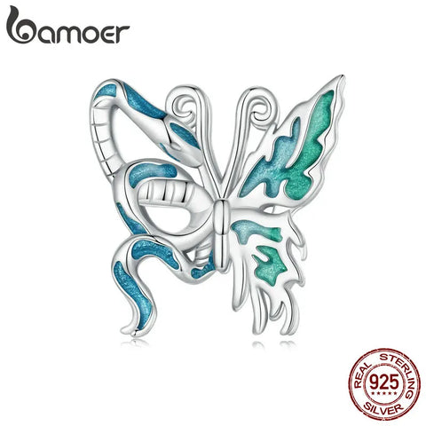 BAMOER 925 Sterling Silver Animal Pendant Beads, Snake and Butterfly Enamel Process Charms Compatible with women's bracelet
