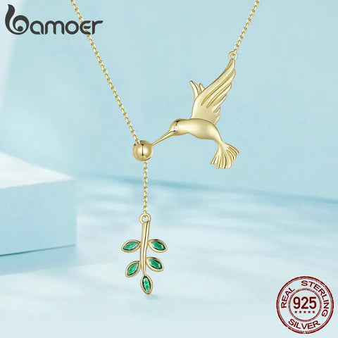 BAMOER Authentic 925 Sterling Silver Spring Bird & Tree Leaf Leaves Dangle Pendant Necklace for Women Silver Jewelry SCN217