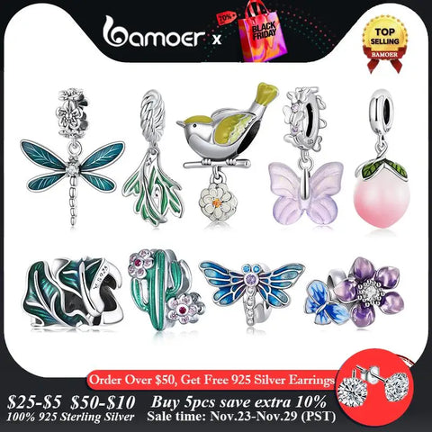 BAMOER 925 Sterling Silver Peach Pendant Bird Dragonfly Charms fit for Women Orginal Bracelet or Necklace Fine Jewelry Gift