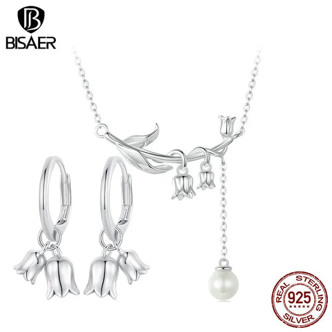 BISAER 925 Sterling Silver Lily of the Valley Jewelry Set Earrings Necklace Plated Platinum For Women Party Fine Jewelry