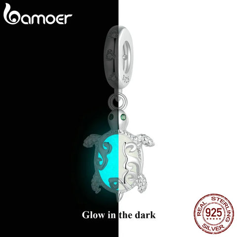 BAMOER Luminous Charms Beads 925 Sterling Silver Sea Turtle Pendant Dangle Fit Original Charm Bracelet Jewelry DIY Accessories