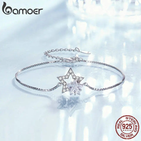 Bamoer 925 Sterling Silver Dazzling Star Bracelet Crystal Star Adjustable Chain Link for Women Party Fine Jewelry Birthday Gift