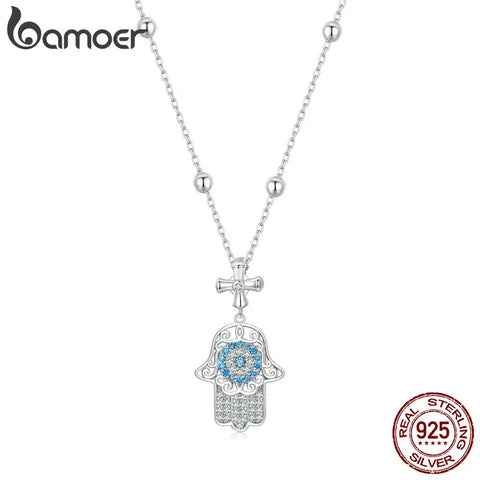 BAMOER 925 Sterling Silver Exquisite Fatima's Hand Necklace Guarding Hand Neck Chain Pave Setting CZ for Women Birthday Gift