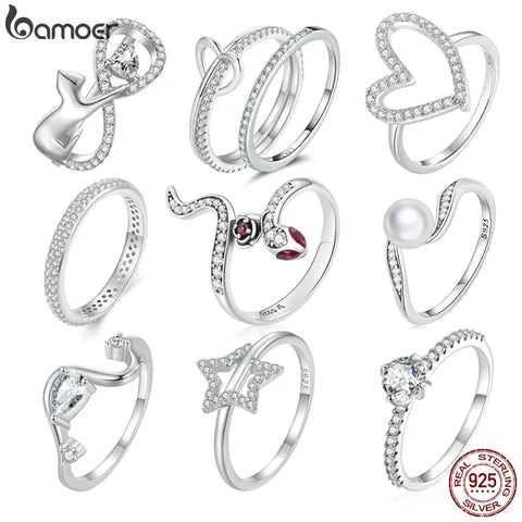 Bamoer 925 Sterling Silver Stackable Zircon Finger Ring Hollow Heart Ring for Women Fine Jewelry Birthday Gift