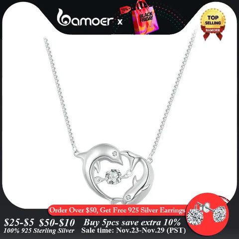 Bamoer 925 Sterling Silver Connected Double Dolphins Necklace Shiny Zircon Love Neck Chain for Women Fine Jewelry BSN340