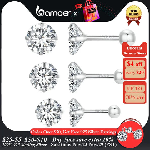 BAMOER Platinum Plated Classic CZ Stud Earrings 925 Sterling Silver Hypoallergenic Elegant Earrings Fashion Jewellry 3mm 5mm 7mm