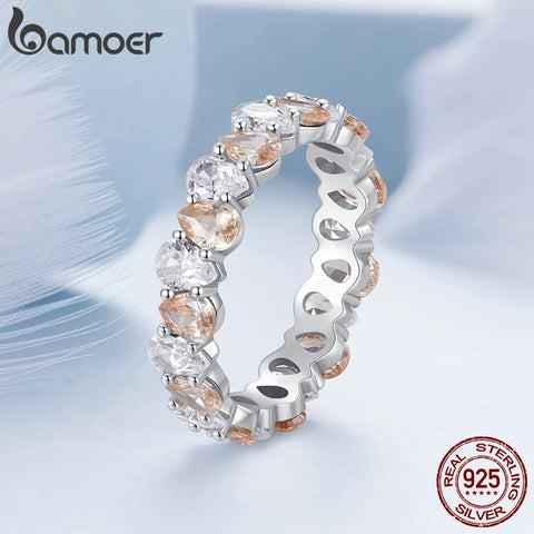 Bamoer 925 Sterling Silver Water-drop Zircon Ring Brilliant Finger Ring for Women Engagement Exquisite Fine Jewelry