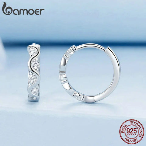 BAMOER 925 Sterling Silver Fashion Wave Ear Buckles Cubic Zirconia Hoop Earrings for Women Birthday Gift Fine Jewelry