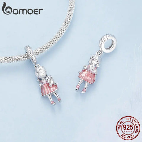 Bamoer 925 Sterling Silver Enamel Little Boy and Girl Pendant Charms for Women Original Bracelet and Bangle Fine Jewelry