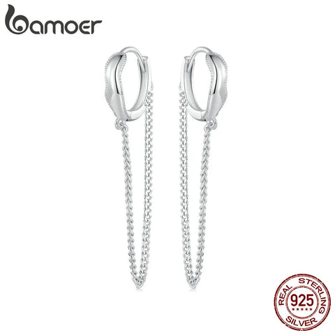 Bamoer 925 Sterling Silver Long Tassel Ear Buckles Delicate Double-layer Hoop Earrings for Women Original Design Fine Jewelry