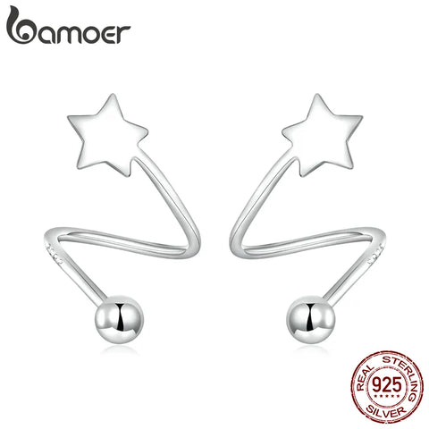 Bamoer 925 Sterling Silver Ear Buckle Rotating Wave Mini Star & Heart Stud Earrings for Women Plated Platinum Jewelry Gift