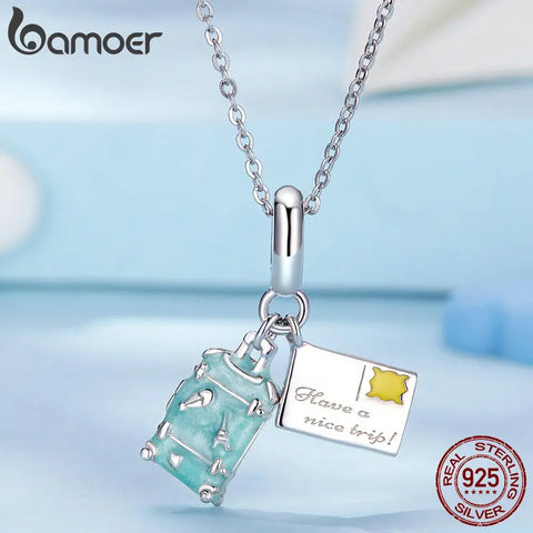 Bamoer 925 Sterling Silver Travel Series Suitcase Pendant Necklace Enamel Plane Neck Chain for Women Fine Jewelry Gift