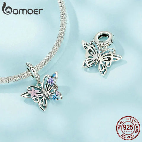 BAMOER 925 Sterling Silver Animal Pendant Beads, Butterfly Enamel Process Charms Compatible with women's bracelet necklace