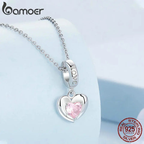 Bamoer 925 Sterling Silver Pink Guardian Heart Hanging Bead Hollow Rose Rivet Love Charms for Women Bracelet and Necklace DIY