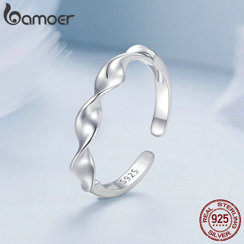 Bamoer 925 Sterling Silver Simple Twisted Opening Ring Sea Wave Adjustable Ring for Women Party Minimalist Fine Jewelry