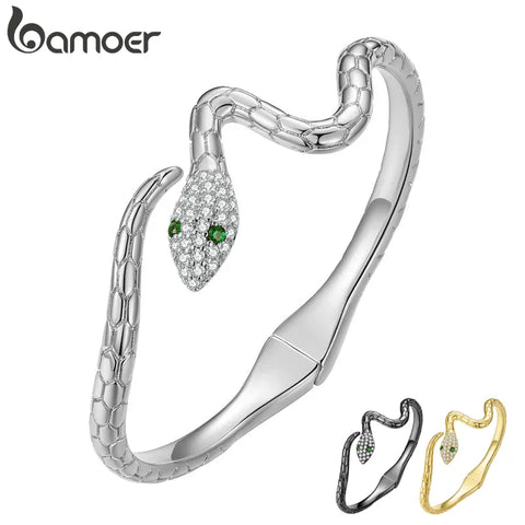 Bamoer Authentic Green Zircon Snake Opening Bracelet Animal Cuff Bracelet Pave Setting CZ for Women Fashion Jewelry YIB058