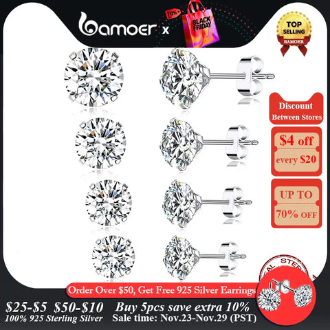 bamoer CZ Stud Earrings 925 Sterling Silver Platinum Plated Round Cubic Zirconia Hypoallergenic Earrings 4mm 5mm 6mm 7mm BSE166