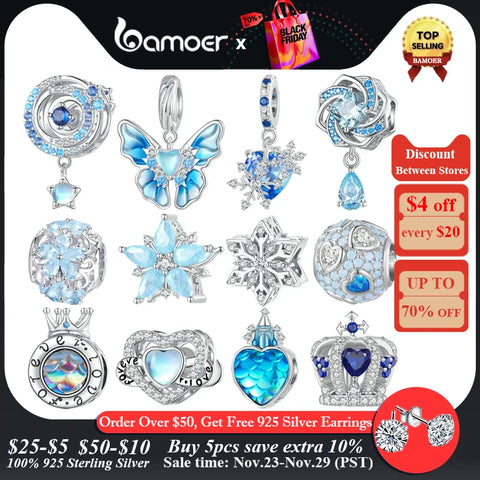 Bamoer 925 Sterling Silver Ice Kingdom Series Snowflake Hanging Bead Blue Zircon Crown Charm for Women Bracelet and Necklace DIY