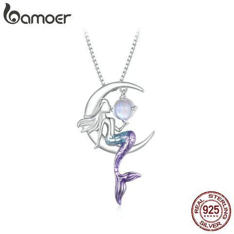 Bamoer 925 Sterling Silver Mermaid Pendant Necklace Moon Neck Chain for Women Delicate Birtrhday Gift Fine Jewelry