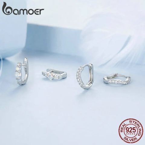 BAMOER 925 Sterling Silver Dreamy Rainbow Zircon Ear Buckles U Shape Huggie Earrings for Women Party Fine Jewelry