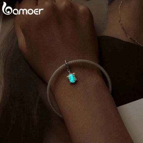 BAMOER Luminous Charms Beads 925 Sterling Silver Sea Turtle Pendant Dangle Fit Original Charm Bracelet Jewelry DIY Accessories