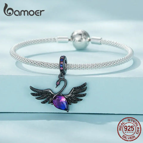 Bamoer 925 Sterling Silver Black Swan Hanging Bead Plated Black Gold Pendant Charms for Women Bracelet and Necklace DIY Jewelry