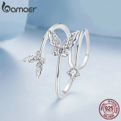 BAMOER Solid 925 Sterling Silver Butterfly Adjustable Open Ring Anniversary Birthday Jewelry Gifts for Women Girls