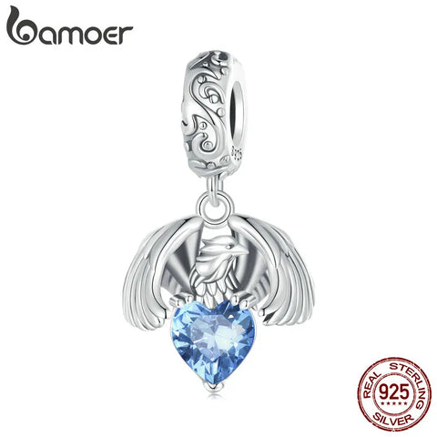 Bamoer 925 Sterling Silver White Eagle Hanging Bead Blue Zircon Pendant Charms for Women Bracelet and Necklace DIY Fine Jewelry