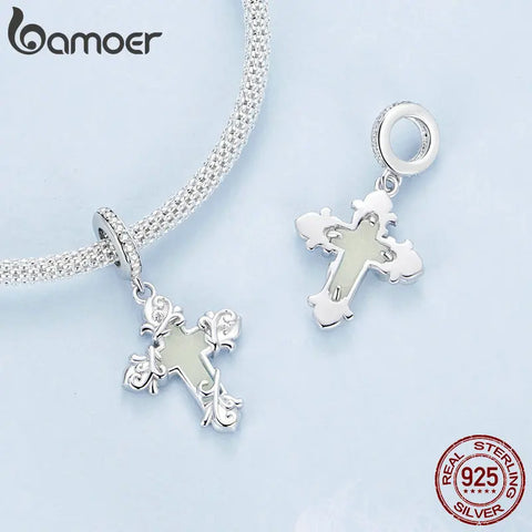 BAMOER 925 Silver Charm Cross Glowworm Light Pendant Fit Original Charm Bracelet Diy Jewelry Accessories