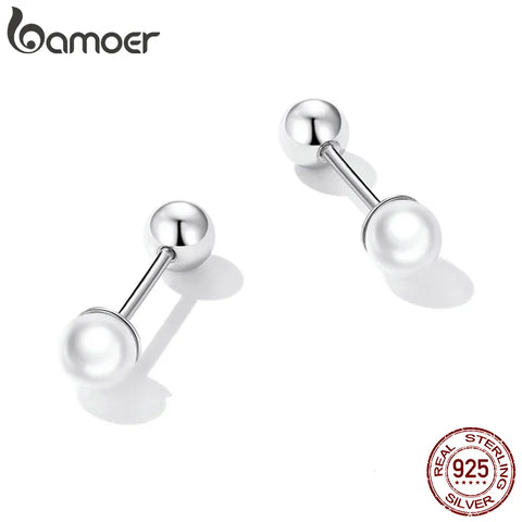 BAMOER 925 Sterling Silver Charm Pearl Beads Screw Stud Earrings For Women Trendy Mini Studs Fine Jewelry