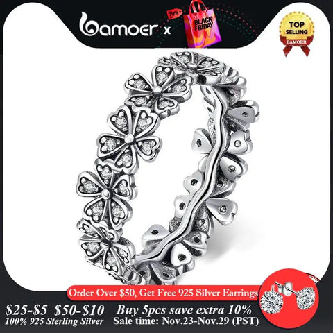 BAMOER 925 Sterling Silver Stacked Daisy Flower Finger Ring Floral Ring for Women Gift Romantic Retro Style Fine Jewelry SCR397